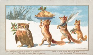 Uggla och rävar som bär julfest, julkort av English School