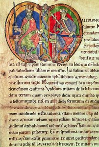 Sida från Charter of Kelso Abbey med en upplyst initial föreställande kung David I (1084-1153) och hans barnbarn Malcolm IV (1141-65) 1159 (vellum) av English School