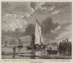 Målning av Vandevelde, en av de bilder som nyligen stulits från Earl of Suffolks samling, Charlton-House, Wilts (gravyr) av English School
