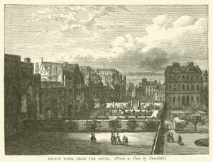 Palace Yard, från söder, från en vy av Canaletti (gravyr) av English School