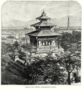 Palats och tempel, Khatmandu, Nepal (gravyr) av English School