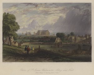 Palace of St James, Westminster Abbey and Hall, London (färgad gravyr) av English School