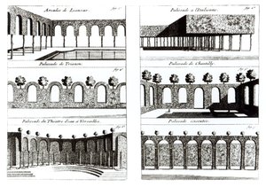 Palisadedesigner, från Theory and Practice of Gardening, av Antoine-Joseph Dezallier DArganville (1680-1765), publicerad ca 1709 av English School