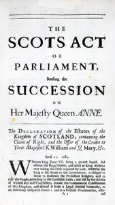 Broschyr som tillkännager "The Scots Act of Parliament, som avgör arvsföljden på Hennes Majestät Drottning Anne" 11 april 1689 av English School