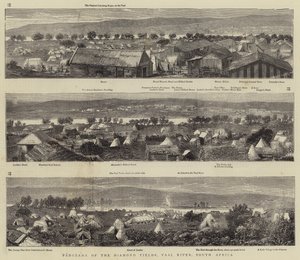 Panorama över diamantfälten, Vaalfloden, Sydafrika (gravyr) av English School
