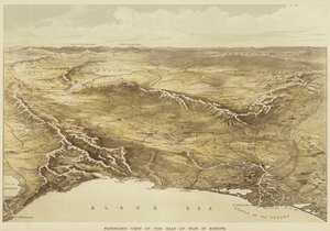 Panoramavy över krigshärdarna i Europa (färglitografi) av English School