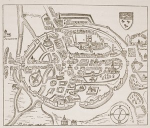 Panoramautsikt över Canterbury på 1500-talet, illustration från The Church of England: A History for the People av H.D.M. Spence-Jones, pub. ca 1910 (sepiafoto) av English School