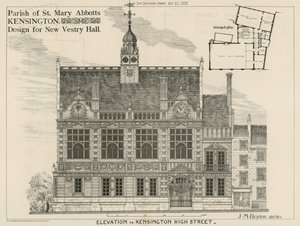 Parish of St Mary Abbots, Kensington, design för New Vestry Hall av English School