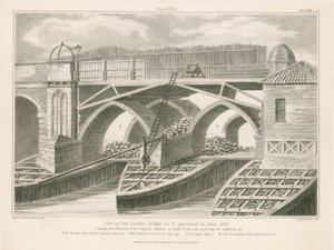 En del av Old London Bridge som den såg ut i juni 1826 av English School