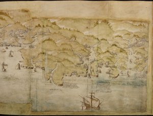 Del av en panoramakarta över kusten från Lands End till Exmouth, ca 1539 (penna och bläck med tvätt på papper) av English School
