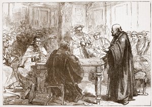 Pastor Olaf vid konferensen i Upsala, illustration från The History of Protestantism av James Aitken Wylie (1808-1890), pub. 1878 av English School