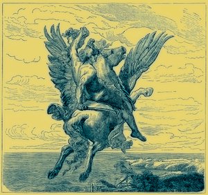 Perseus på den bevingade hästen Pegasus, med Medusas huvud, illustration från 