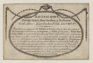 Peruke maker, Ravenscroft, handelskort av English School