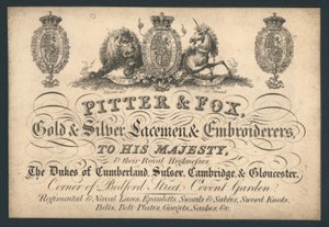 Pitter and Fox, Gold and Silver Laceman and Embroiderers, Bedford Street, Covent Garden, trade card av English School