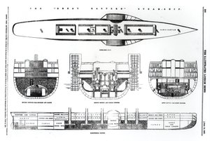 Plan och tvärsnitt av Great Eastern ångfartyget, 1857 av English School