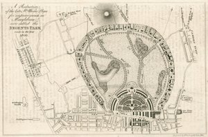 Plan för förbättringar i Marylebone, London, nu kallad Regents Park, gjord 1809 av English School