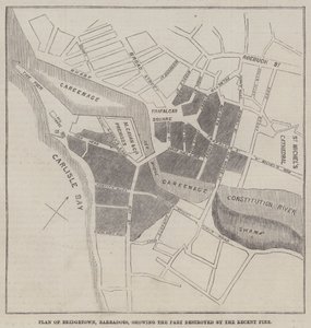 Plan över Bridgetown, Barbadoes, som visar delen som förstördes av den senaste branden (gravyr) av English School