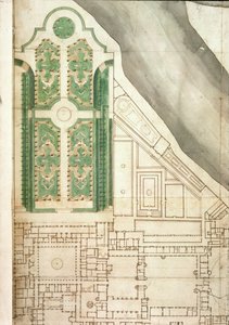 Plan över Hampton Court och dess trädgårdar, c.1714 (penna & bläck och wc på papper) av English School