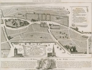 Plan över nordvästra förorter till London runt St Giles in the Fields av English School