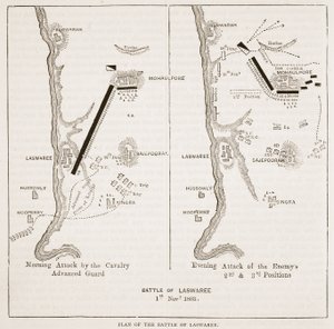 Plan för slaget vid Laswaree, illustration från Cassells Illustrated History of India av James Grant, pub. 1879 av English School