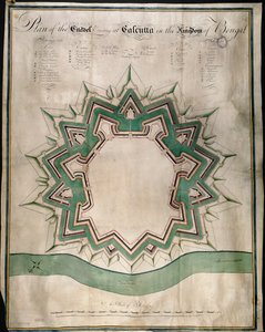 Plan över citadellet i Calcutta och Fort William, Ostindiska kompaniets befästa lager, ca 1750 (penna & bläck & akvarell på papper) av English School