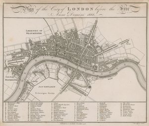 Plan för staden London före branden 1666 av English School