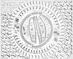 Plan över det indiska fortet Pequot från John Underhills "Newes from America", London av English School