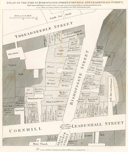 Plan över branden i Bishopsgate Street, Cornhill och Leadenhall Street, London, som började den 7 november 1765 av English School