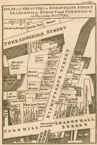 Plan över branden i Bishopsgate Street, Cornhill och Leadenhall Street, London, som började den 7 november 1765 av English School