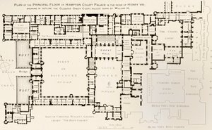 Plan över huvudvåningen i Hampton Court Palace som det var under kung Henry VIII:s regeringstid, från History of Hampton Court Palace i Tudor Times av Ernest Law, publicerad London 1885 av English School