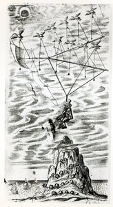 Plane, illustration från frontispicen av The man in the moone eller en diskurs om en resa dit av Domingo Gonsales, the speedy Messenger av Francis Godwin (1562-1633), publicerad postumt i av English School