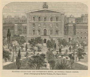 Planterad gårdsplan och Governors House vid Tothill Fields Prison av English School
