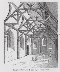 Plaxtole kyrka, interiör, mot väster (litografi) av English School