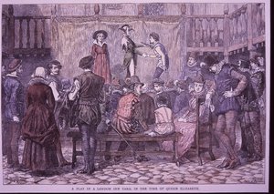 Pjäs framförd i London Inn Yard (färgad gravyr) av English School
