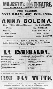 Spelbiljett för Hennes Majestäts teater, Italienska operan, 1845 (tryckt papper) av English School