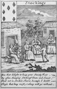Spelkort som visar arbetare som gör strumpor (tryck) (detalj av 392627) av English School
