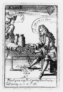 Spelkort till minne av det spanska tronföljdskriget, hjärtdräkt, c.1707 (gravyr) (svartvitt foto) (detalj av 115651) av English School