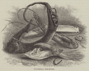 Polynesiska fiskkrokar (gravyr) av English School