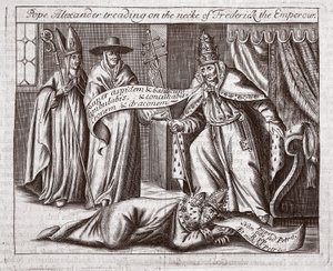 Pope Alexander trampar på halsen av kejsar Fredrik, illustration från Acts and Monuments av John Foxe, nionde upplagan, pub. 1684 av English School
