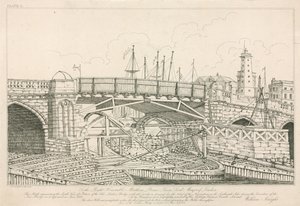 Del av Old London Bridge, ritad 1826 under byggnadsarbeten av English School