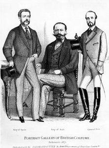 Portrait Gallery of British Costume, presenterar kungarna av Spanien och Italien och General Prim, publicerad med Tailor and Cutter, 1871 av English School