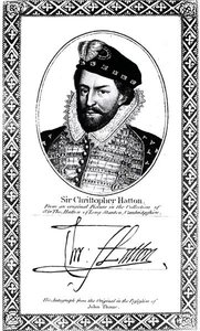 Porträtt och signatur av Sir Christopher Hatton (1540-91)