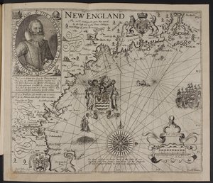 Porträtt av kapten John Smith. En bild av New Englands kust, i "A Description of New England: or the Observations...", av John Smith av English School