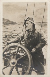 Porträtt av kung Edward VII vid rodret för HMS Britannia (litho) av English School