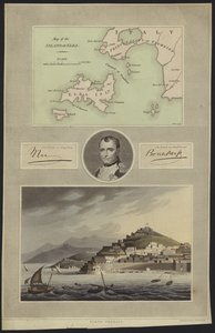 Porträtt av Napoleon Bonaparte med en karta och utsikt över Elba