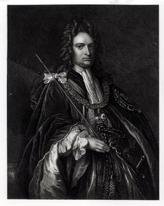 Porträtt av Robert Harley, förste earl av Oxford (1671-1724) (gravyr) (bw foto) av English School