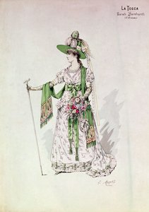 Porträtt av Sarah Bernhardt (1844-1923) i en produktion av "La Tosca" av Victorien Sardou (1831-1908) på Lyceum, 9 juli 1888 (färgad gravyr) av English School