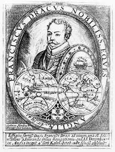 Porträtt av Sir Francis Drake (ca 1540-96) vid 43 års ålder, graverad av Jodocus Hondius (1567-1611) av English School