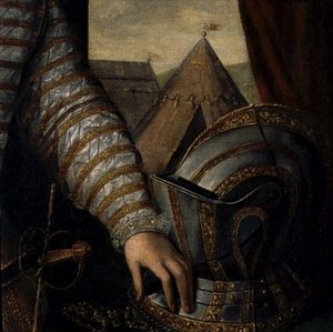 Porträtt av Sir Robert Dudley, greve av Leicester (ca 1532-88) 1500-tal (olja på duk) (detalj) av English School