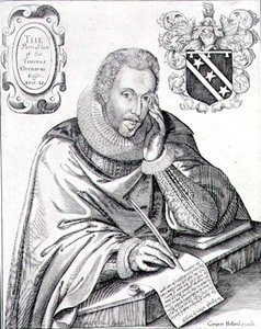 Porträtt av Sir Thomas Overbury (1581-1613) som skriver ut sitt epitafium, graverat av Renold Elstrack (1571-c.1630) 1613 (gravyr) av English School